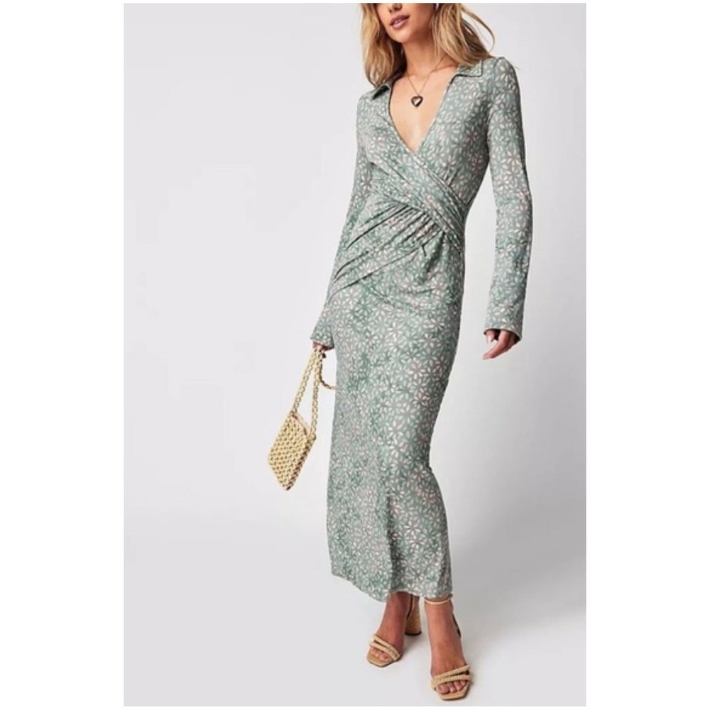 Free People Shayla Floral Wrap Maxi Dress Long Sleeve Mint Small NWT Festival